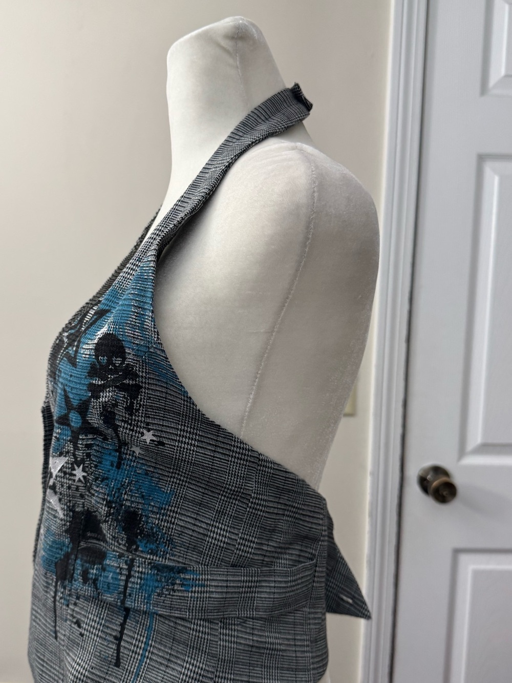 Y2K Plaid Halter Vest Blue Skull Star Graphic Emo Grunge 2000s Vintage - Picture 4 of 11